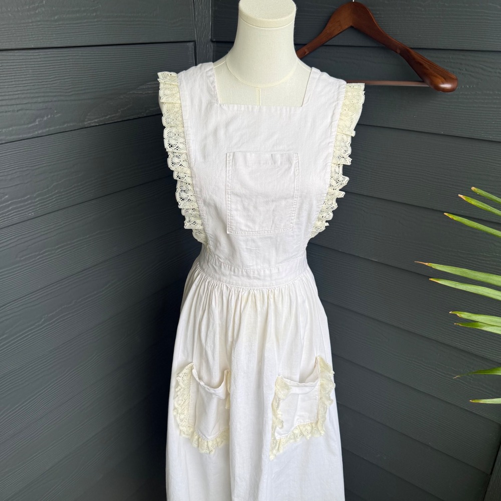 Handmade White Linen Cottagecore Prairie Apron Dress Lace Open Back One Size - Picture 1 of 10